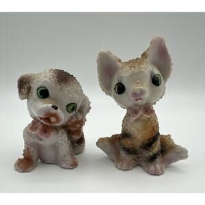 Pair Of Vintage 1950s Cat & Dog Figurine Sugar Glaze Spaghetti Texture Japan